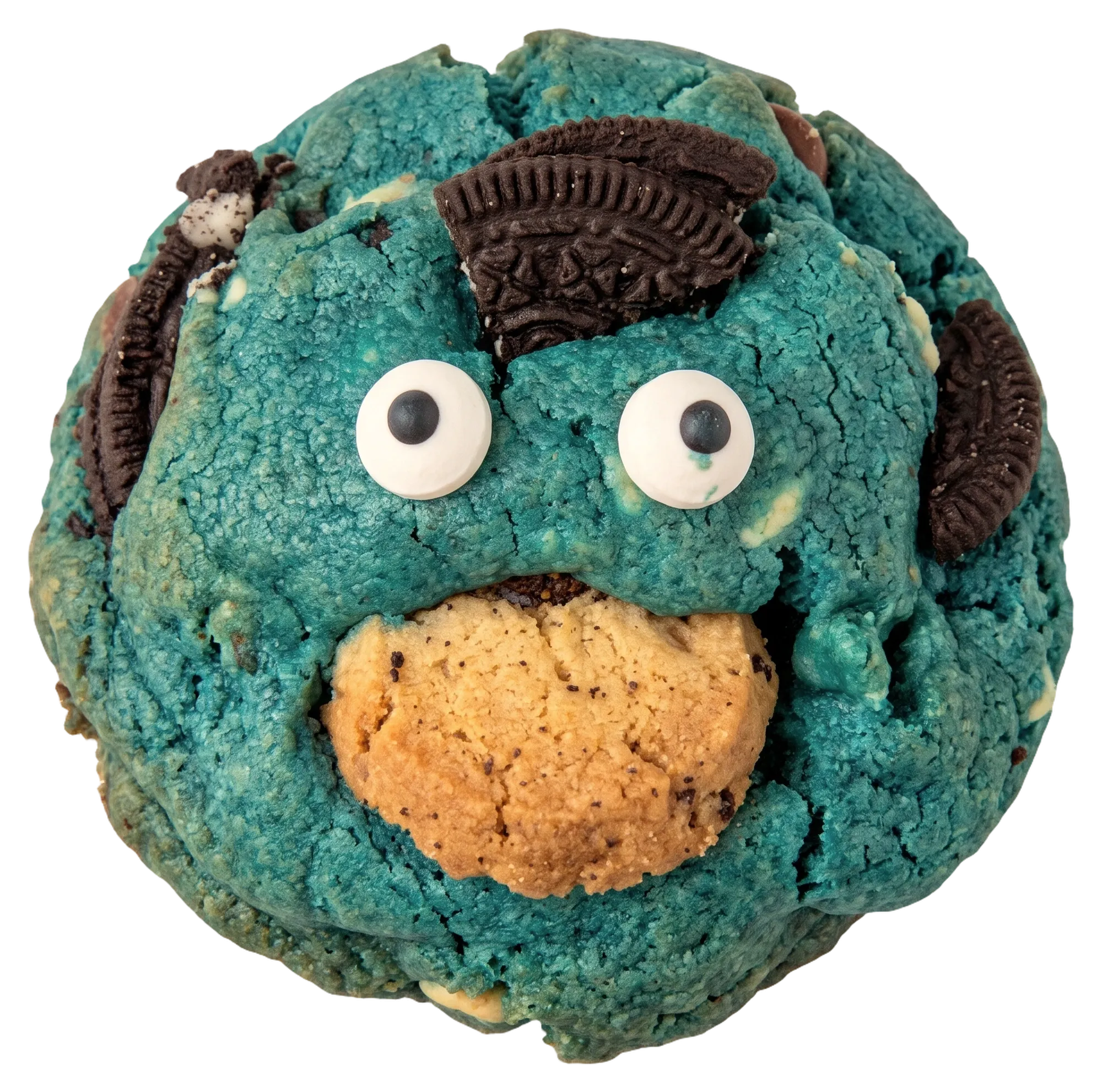 A blue Cookie Monster cookie with Oreo pieces and candy eyes, seen from above