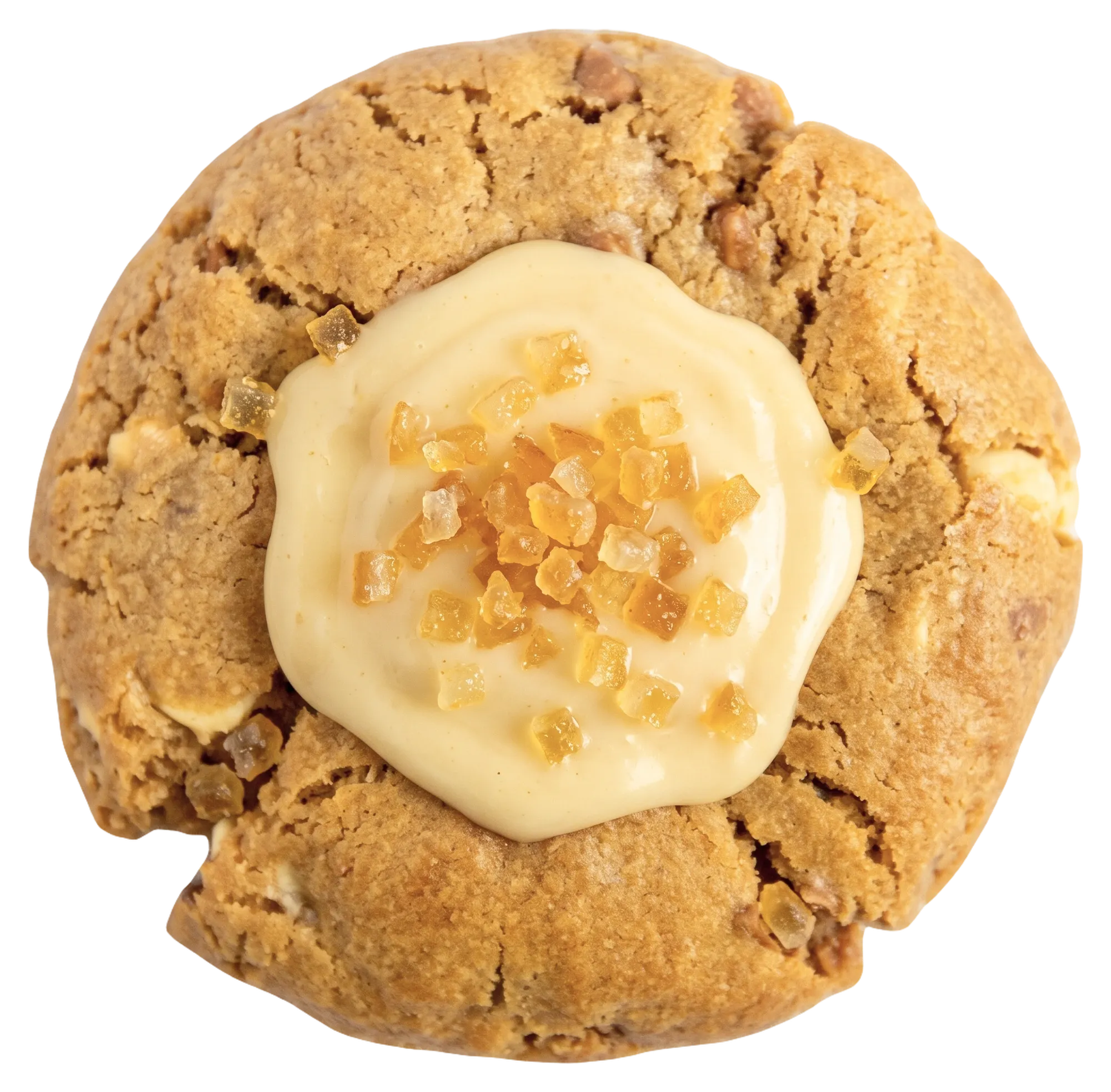 A lemon cheesecake cookie with a cheesecake centre, seen from above
