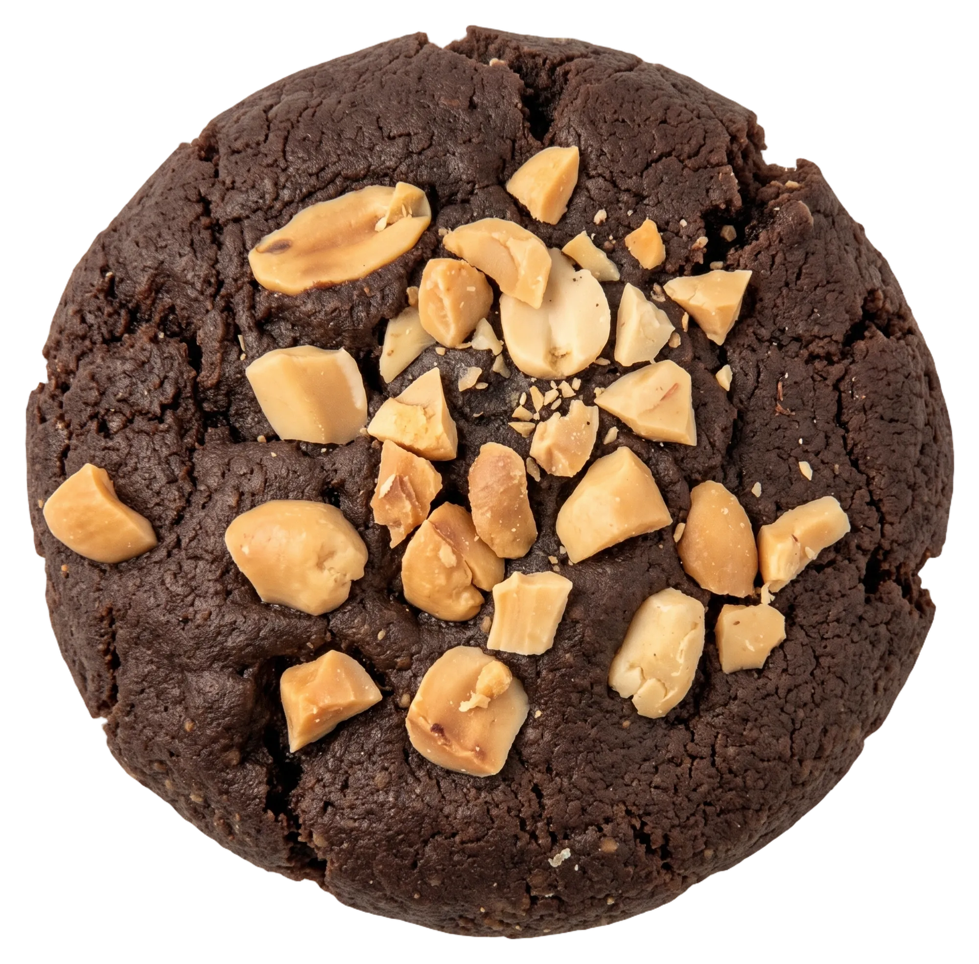 A vegan peanut butter cookie topped with peanuts, seen from above