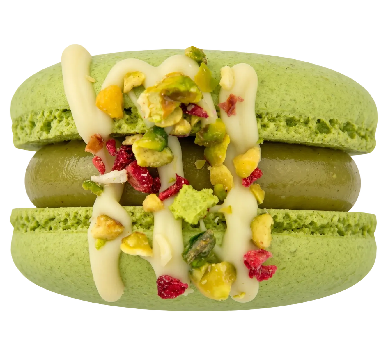 A pistachio and raspberry macaron