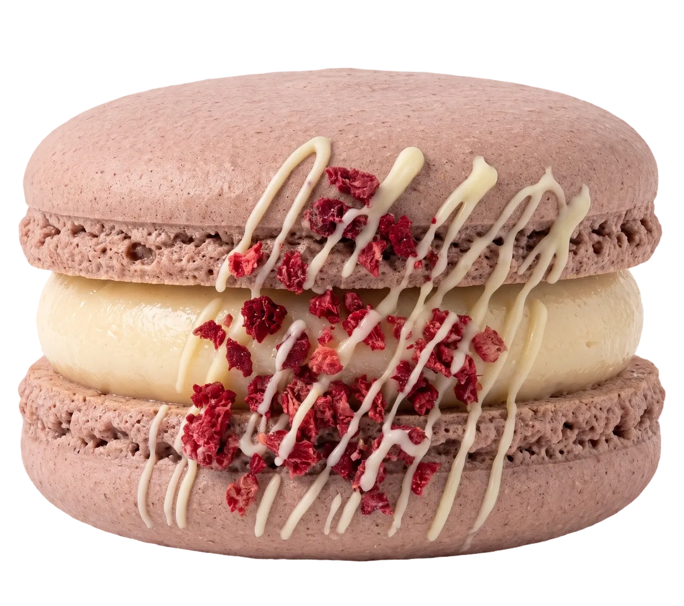 A raspberry cheesecake macaron